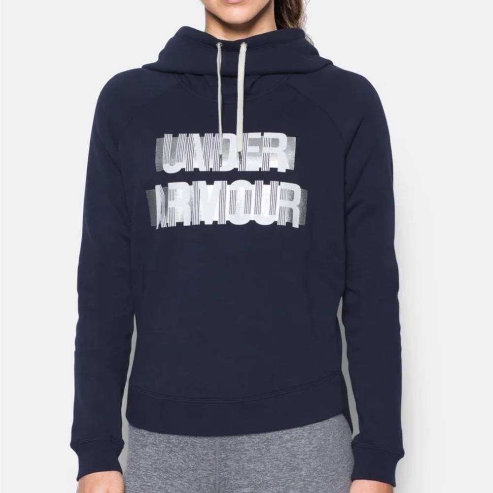 Under Armour Women's Size Small Funnel-Neck Fleece Hoodie Navy Blue Silver Loose